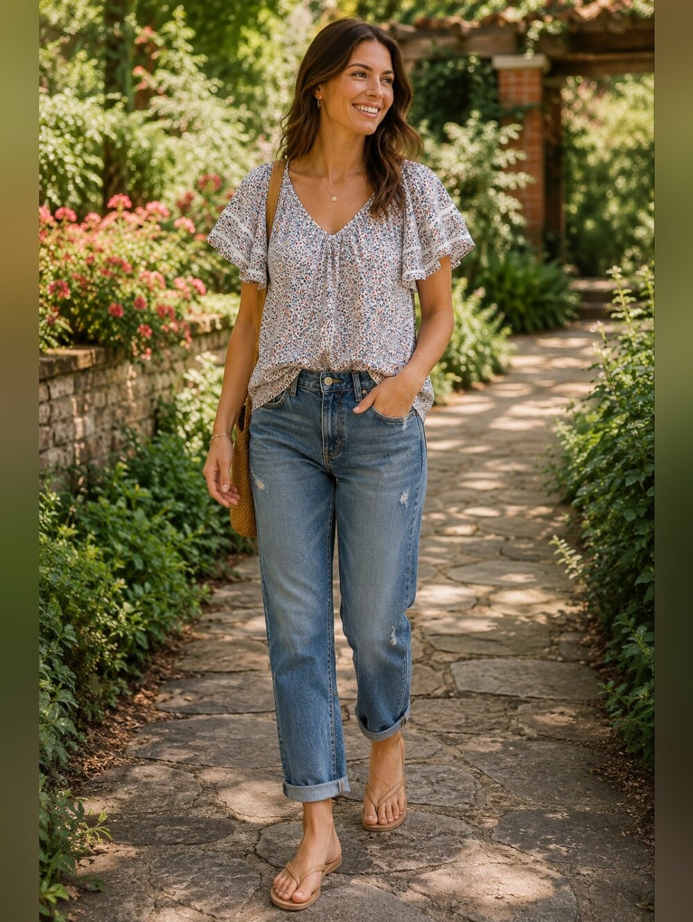 LOFT Floral Flutter-Sleeve V-Neck Top in White and Blue